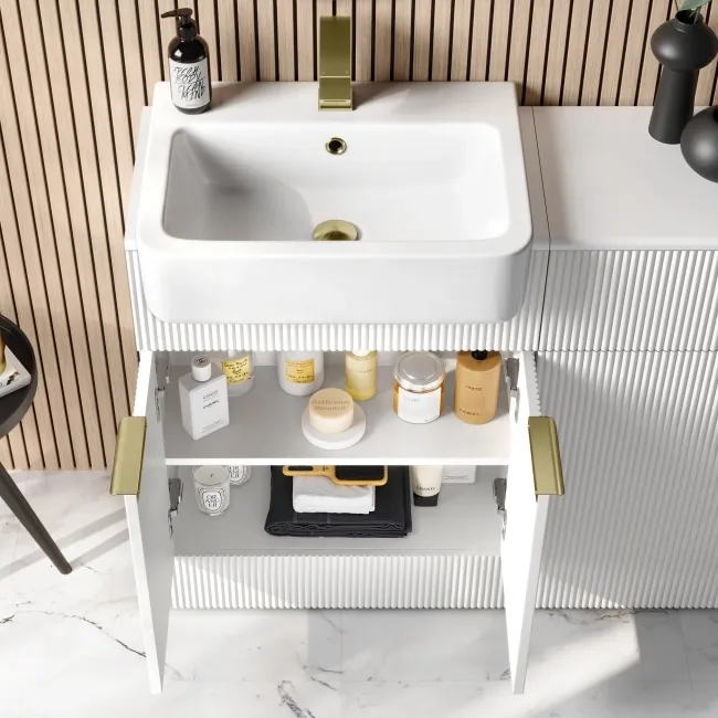 Sicily Fluted Coastal White Vanity with Semi Recessed Basin 600mm - Brushed Brass Accents