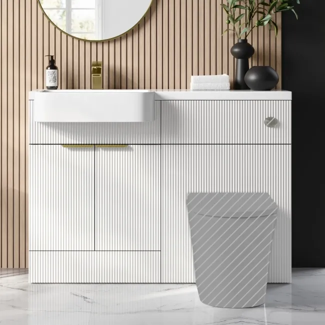 Sicily Fluted Coastal White Basin Vanity and Back To Wall Toilet Unit 1200mm (Excludes Toilet) - Brushed Brass Accents - Left Handed