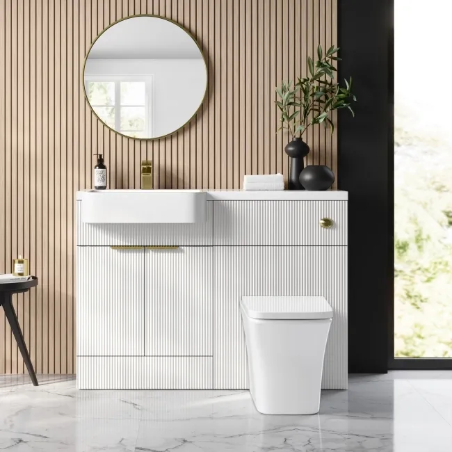 Sicily Fluted Coastal White Combination Vanity Basin and Houston Toilet 1200mm - Brushed Brass Accents - Left Handed