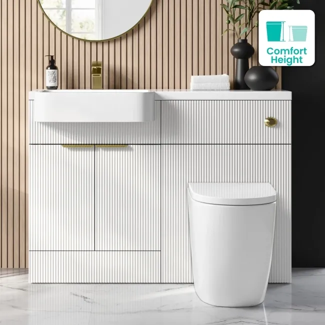 Sicily Fluted Coastal White Combination Vanity Basin and Utah Comfort Height Toilet 1200mm - Brushed Brass Accents - Left Handed