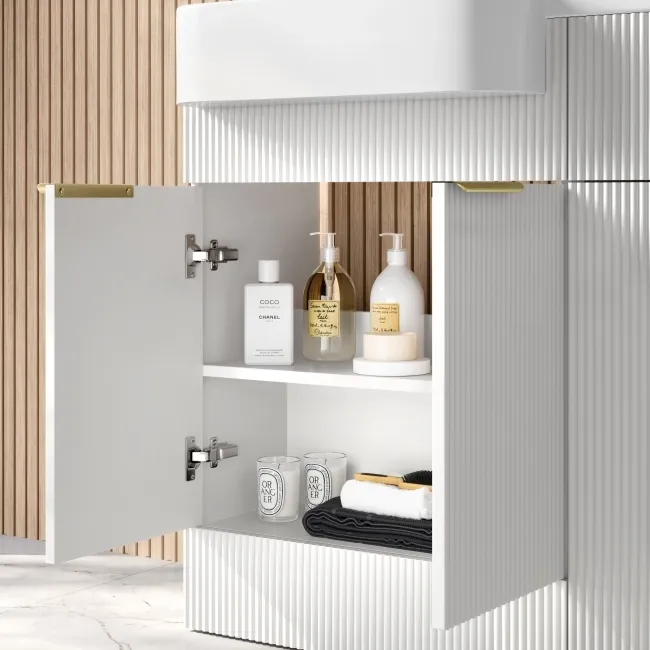 Sicily Fluted Coastal White Combination Vanity Basin and Utah Comfort Height Toilet 1200mm - Brushed Brass Accents - Left Handed