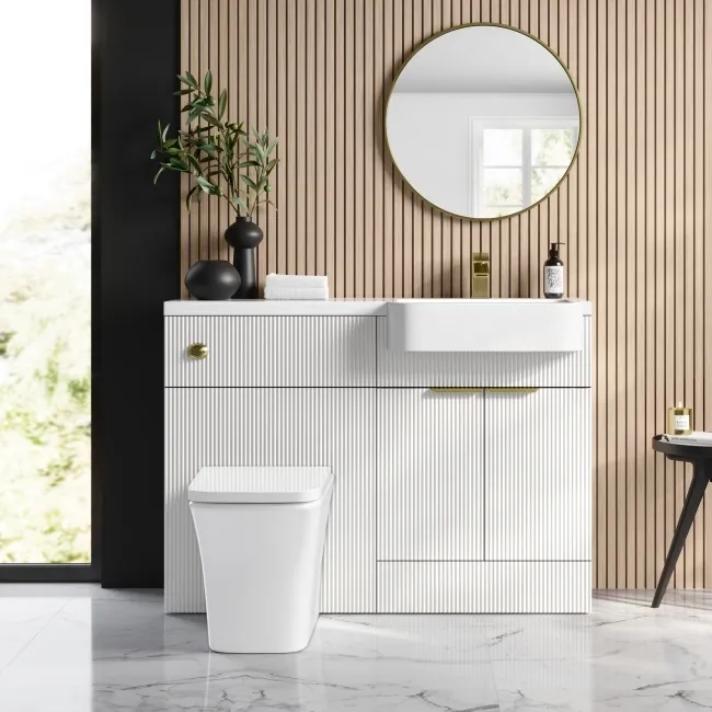 Sicily Fluted Coastal White Combination Vanity Basin and Houston Toilet 1200mm - Brushed Brass Accents - Right Handed