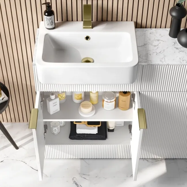 Sicily Fluted Coastal White Basin Vanity with Marble Top & Back To Wall Unit 1200mm (Excludes Toilet) - Brushed Brass Accents