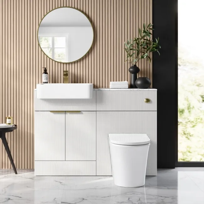 Sicily Fluted Coastal White Combination Vanity Basin with Marble Top & Tucson Toilet 1200mm - Brushed Brass Accents
