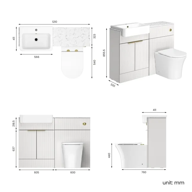 Sicily Fluted Coastal White Combination Vanity Basin with Marble Top & Tucson Toilet 1200mm - Brushed Brass Accents