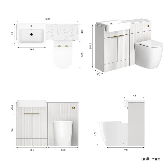 Sicily Fluted Coastal White Combination Vanity Basin with Marble Top & Utah Comfort Height Toilet 1200mm - Brushed Brass Accents