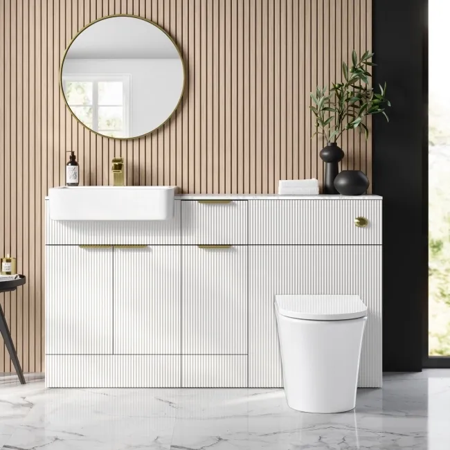 Sicily Fluted Coastal White Combination Vanity Basin with Marble Top & Tucson Toilet 1500mm - Brushed Brass Accents
