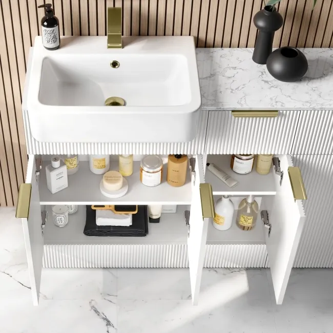 Sicily Fluted Coastal White Combination Vanity Basin with Marble Top & Tucson Toilet 1500mm - Brushed Brass Accents