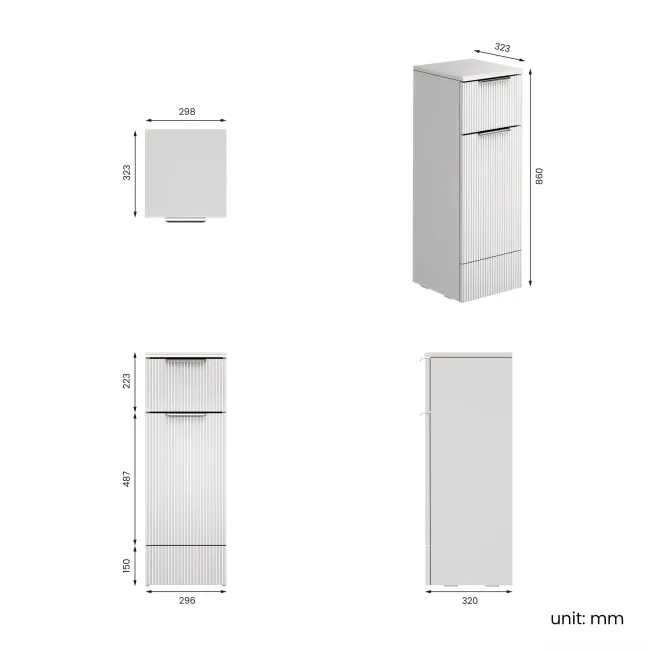 Sicily Fluted Coastal White Side Cabinet Unit 300mm - Chrome Handles