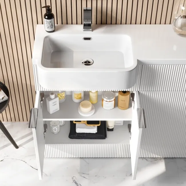 Sicily Fluted Coastal White Basin Vanity and Back To Wall Toilet Unit 1200mm (Excludes Toilet) - Chrome Handles - Left Handed