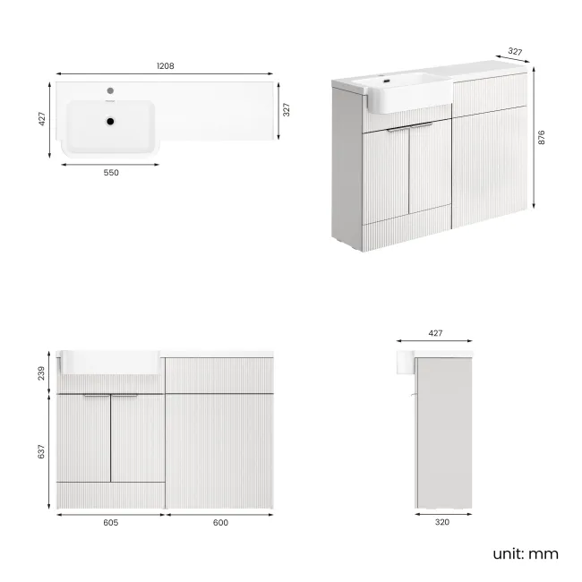 Sicily Fluted Coastal White Basin Vanity and Back To Wall Toilet Unit 1200mm (Excludes Toilet) - Chrome Handles - Left Handed