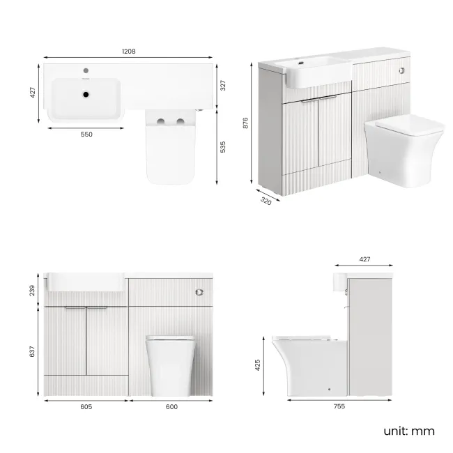 Sicily Fluted Coastal White Combination Vanity Basin and Houston Toilet 1200mm - Chrome Handles - Left Handed
