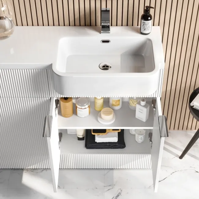 Sicily Fluted Coastal White Basin Vanity and Back To Wall Toilet Unit 1200mm (Excludes Toilet) - Chrome Handles - Right Handed