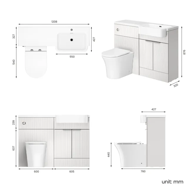 Sicily Fluted Coastal White Combination Vanity Basin and Tucson Toilet 1200mm - Chrome Handles - Right Handed