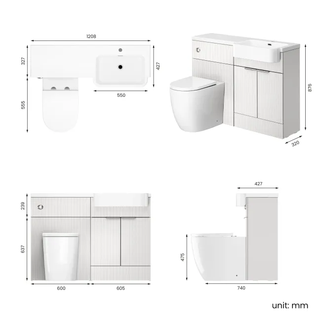 Sicily Fluted Coastal White Combination Vanity Basin and Utah Comfort Height Toilet 1200mm - Chrome Handles - Right Handed