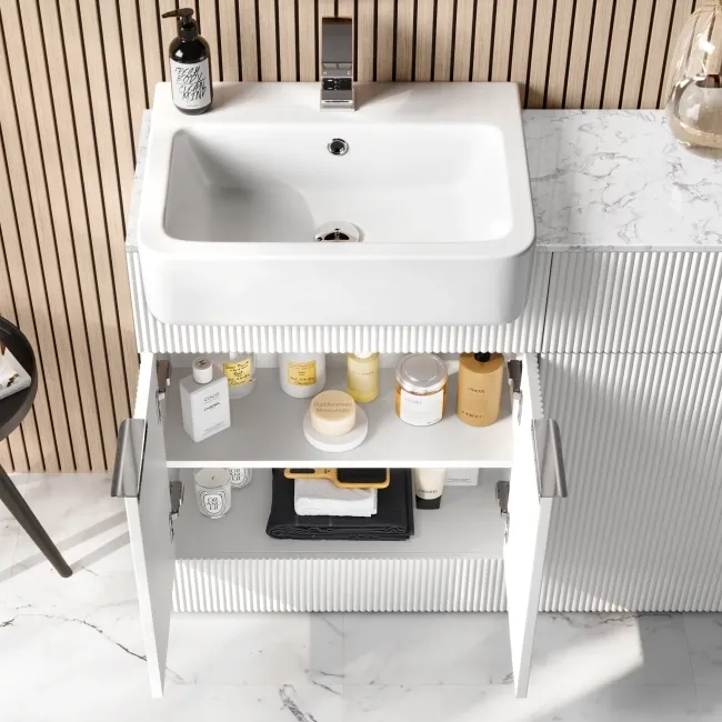 Sicily Fluted Coastal White Basin Vanity with Marble Top & Back To Wall Unit 1200mm (Excludes Toilet) - Chrome Handles