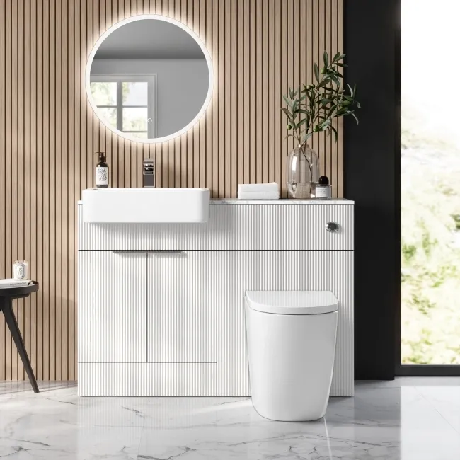 Sicily Fluted Coastal White Combination Vanity Basin with Marble Top & Utah Comfort Height Toilet 1200mm - Chrome Handles