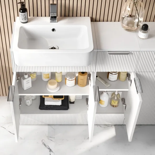Sicily Fluted Coastal White Combination Vanity Basin 1500mm (Excludes Toilet) - Chrome Handles