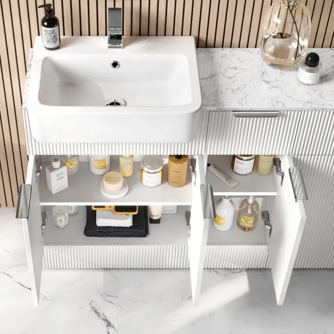 Sicily Fluted Coastal White Combination Vanity Basin with Marble Top 1500mm (Excludes Toilet) - Chrome Handles