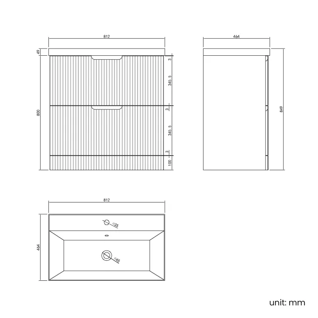 Crete Fluted Apex Oak Basin Vanity Drawer 800mm
