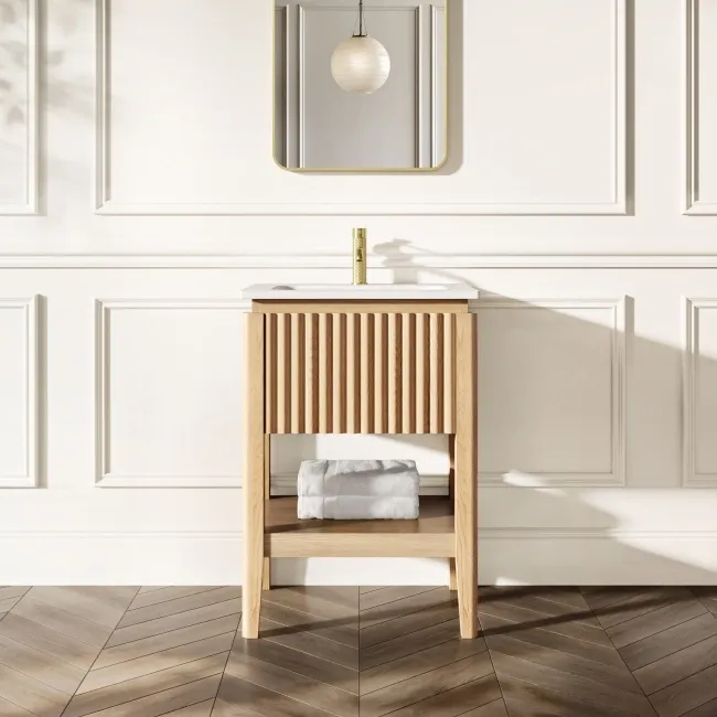 Maru Oak Wood Grain Vanity Unit & Matt White Stone Basin 600mm