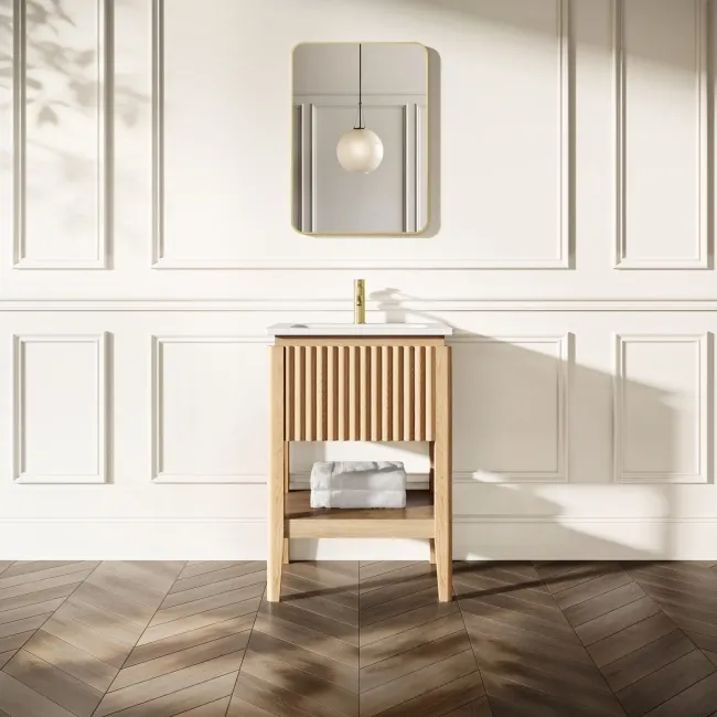 Maru Oak Wood Grain Vanity Unit & Matt White Stone Basin 600mm