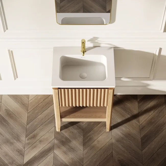 Maru Oak Wood Grain Vanity Unit & Matt White Stone Basin 600mm