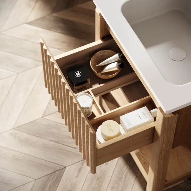 Maru Oak Wood Grain Vanity Unit & Matt White Stone Basin 600mm