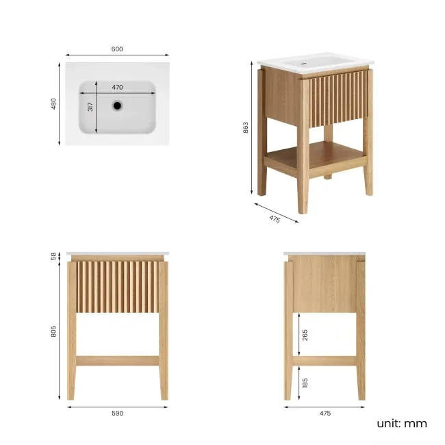 Maru Oak Wood Grain Vanity Unit & Matt White Stone Basin 600mm