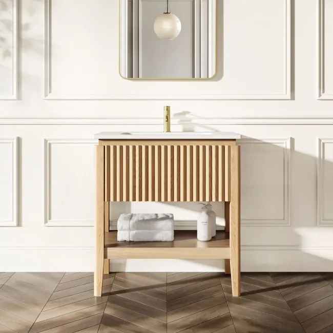 Maru Oak Wood Grain Vanity Unit & Matt White Stone Basin 800mm