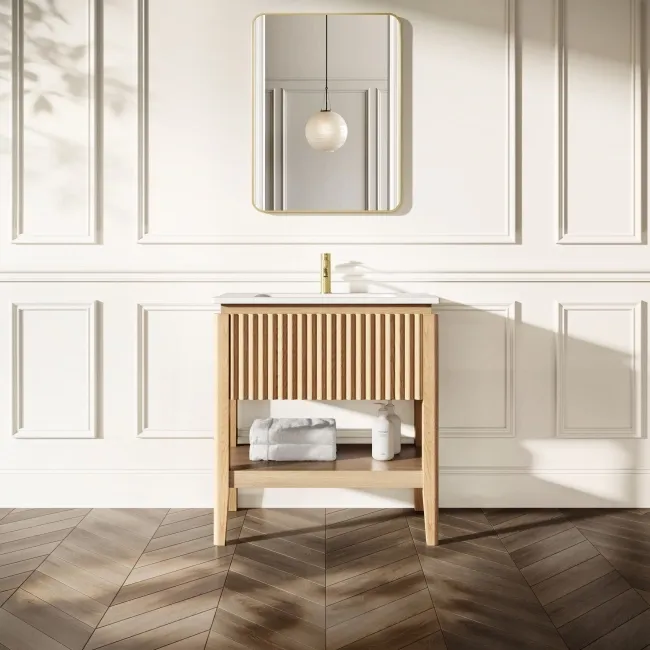 Maru Oak Wood Grain Vanity Unit & Matt White Stone Basin 800mm