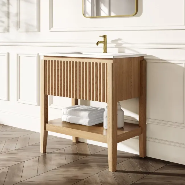 Maru Oak Wood Grain Vanity Unit & Matt White Stone Basin 800mm