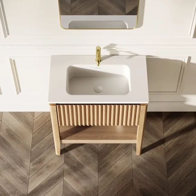 Maru Oak Wood Grain Vanity Unit & Matt White Stone Basin 800mm