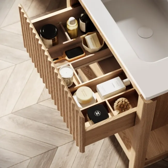 Maru Oak Wood Grain Vanity Unit & Matt White Stone Basin 800mm