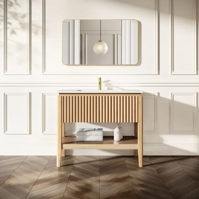 Maru Oak Wood Grain Vanity Unit & Matt White Stone Basin 1000mm
