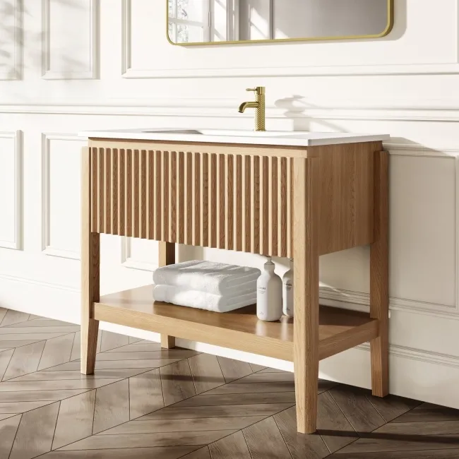 Maru Oak Wood Grain Vanity Unit & Matt White Stone Basin 1000mm