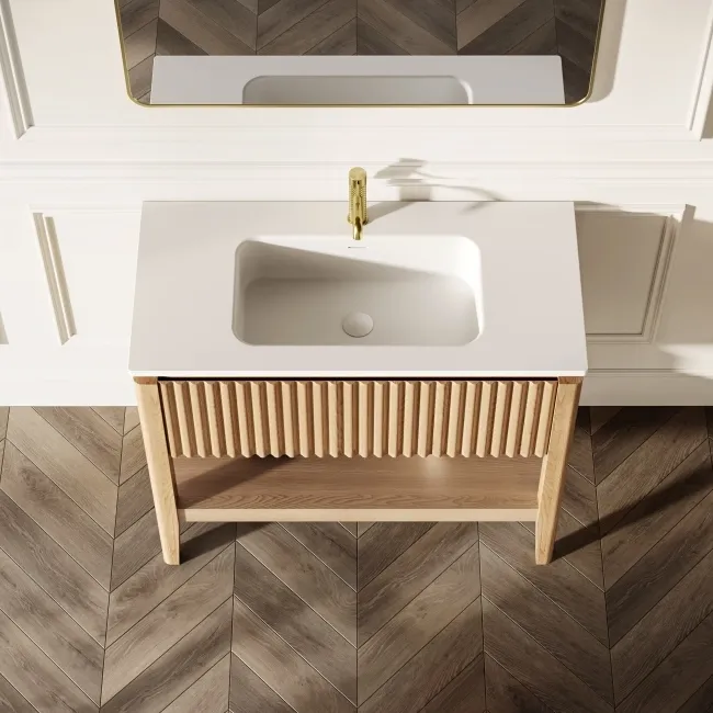 Maru Oak Wood Grain Vanity Unit & Matt White Stone Basin 1000mm