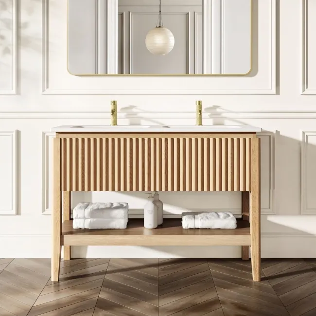 Maru Oak Wood Grain Vanity Unit & Matt White Double Stone Basin 1200mm