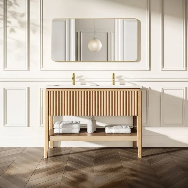 Maru Oak Wood Grain Vanity Unit & Matt White Double Stone Basin 1200mm