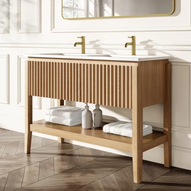 Maru Oak Wood Grain Vanity Unit & Matt White Double Stone Basin 1200mm