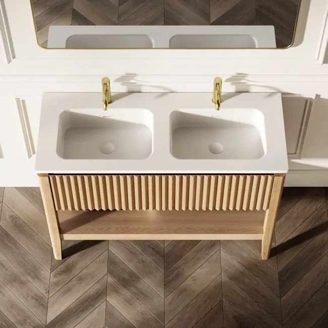 Maru Oak Wood Grain Vanity Unit & Matt White Double Stone Basin 1200mm