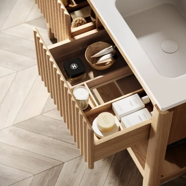 Maru Oak Wood Grain Vanity Unit & Matt White Double Stone Basin 1200mm