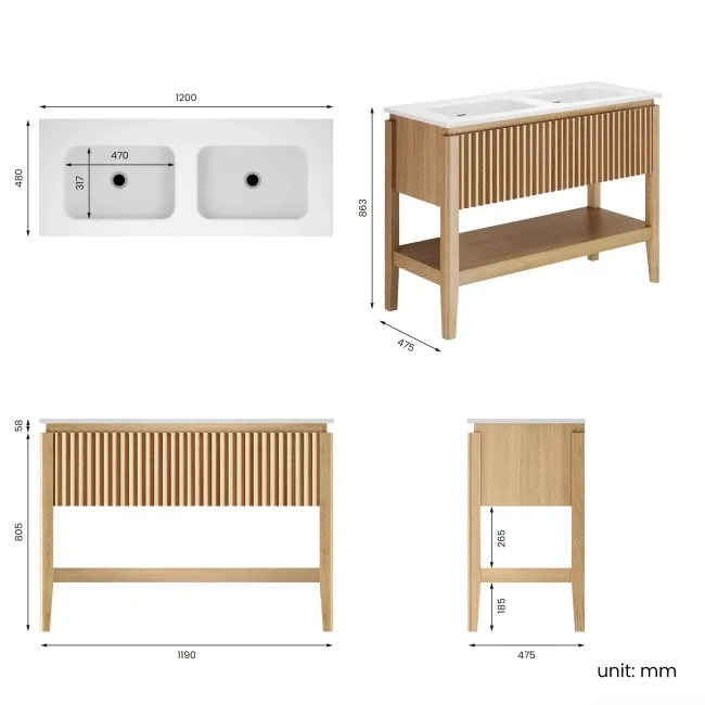 Maru Oak Wood Grain Vanity Unit & Matt White Double Stone Basin 1200mm