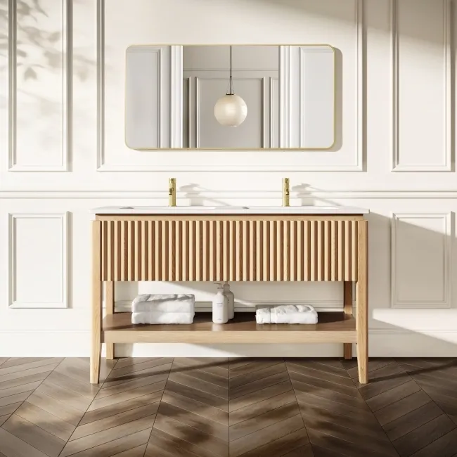 Maru Oak Wood Grain Vanity Unit & Matt White Double Stone Basin 1400mm
