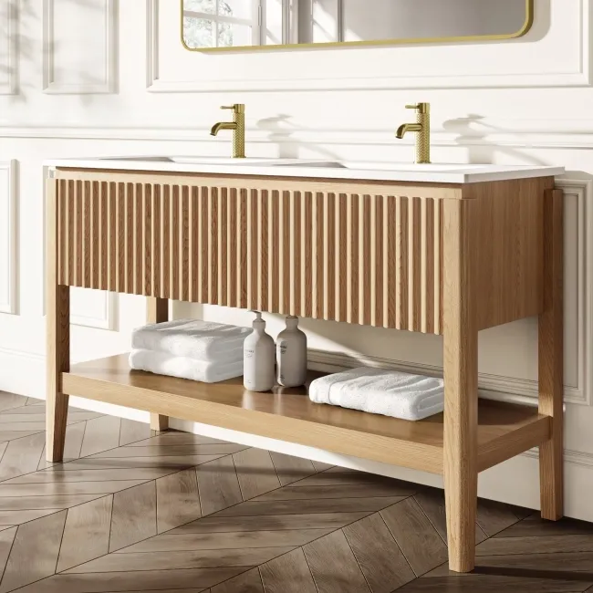 Maru Oak Wood Grain Vanity Unit & Matt White Double Stone Basin 1400mm