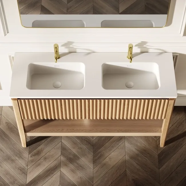 Maru Oak Wood Grain Vanity Unit & Matt White Double Stone Basin 1400mm