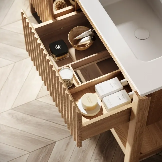 Maru Oak Wood Grain Vanity Unit & Matt White Double Stone Basin 1400mm