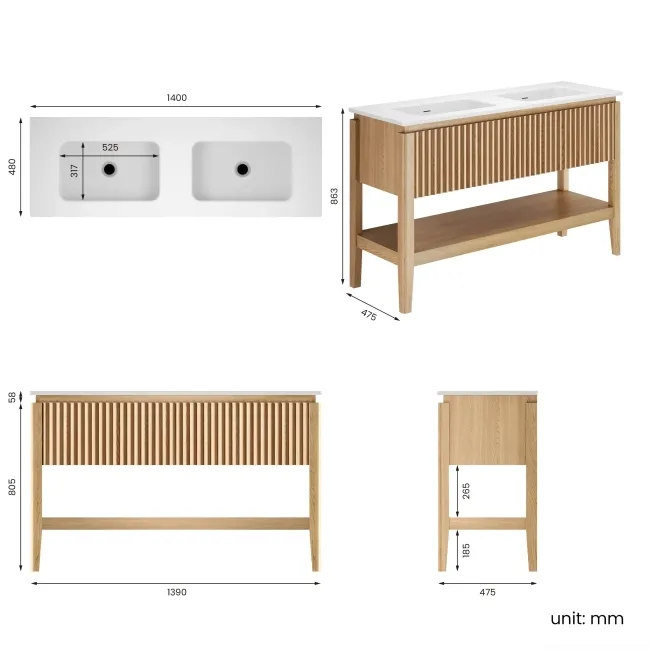 Maru Oak Wood Grain Vanity Unit & Matt White Double Stone Basin 1400mm
