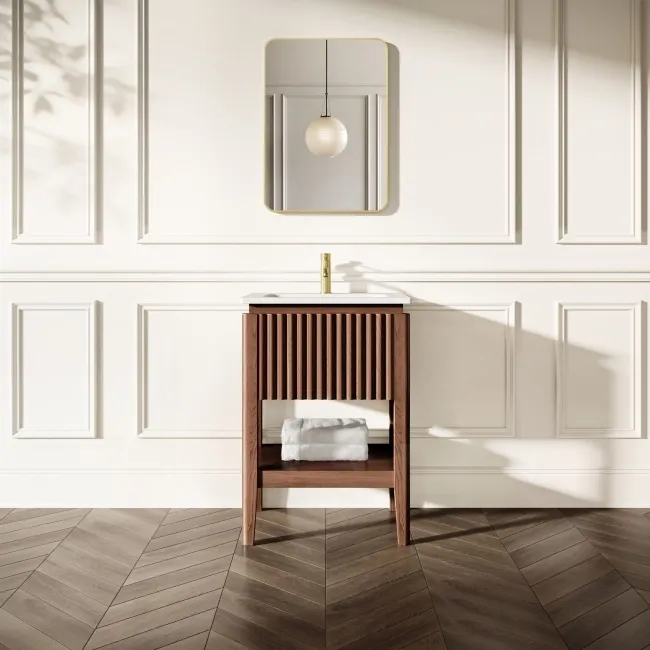 Maru Walnut Wood Grain Vanity Unit & Matt White Stone Basin 600mm
