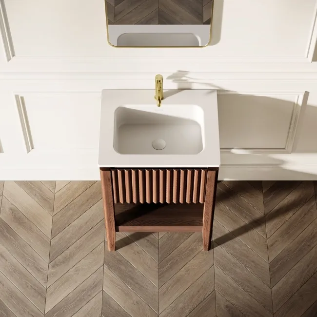 Maru Walnut Wood Grain Vanity Unit & Matt White Stone Basin 600mm